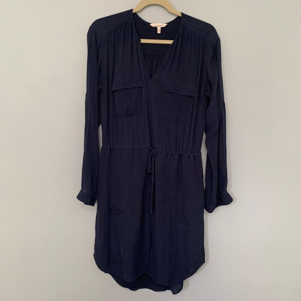 Rebecca Taylor Silk Utility Shirtdress Womens 8 Navy Blue Long Sleeve V-Neck